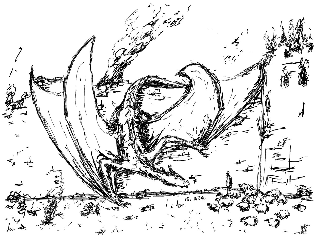 A dragon hangs from the wall of a ruined and burning fort, looking at a person standing with a flock of sheep